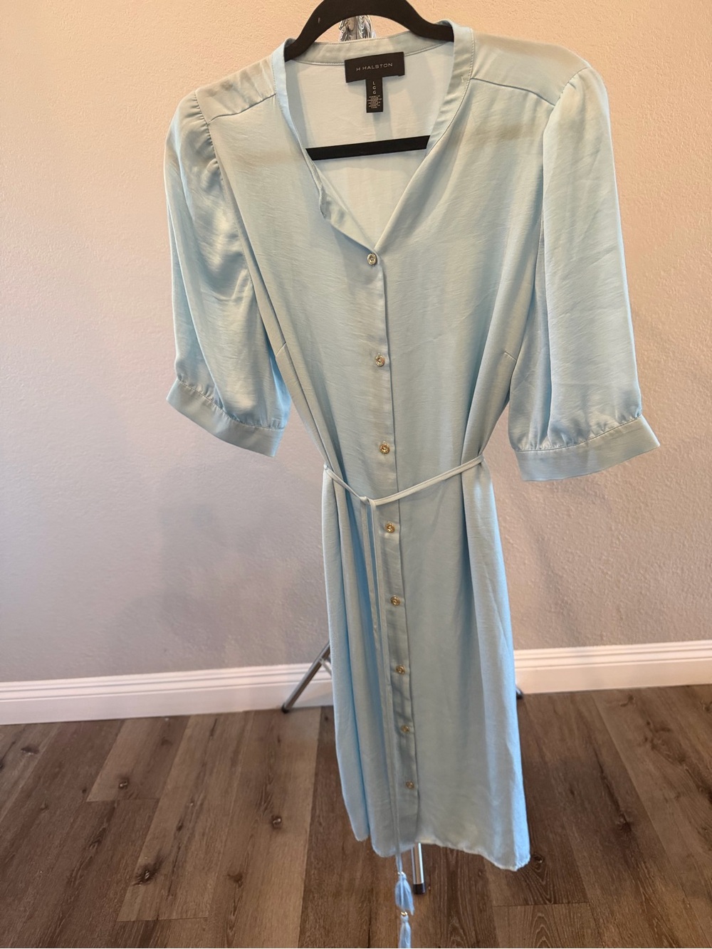 H Halston Heritage Light Blue Elbow Sleeve Button Front Dress L